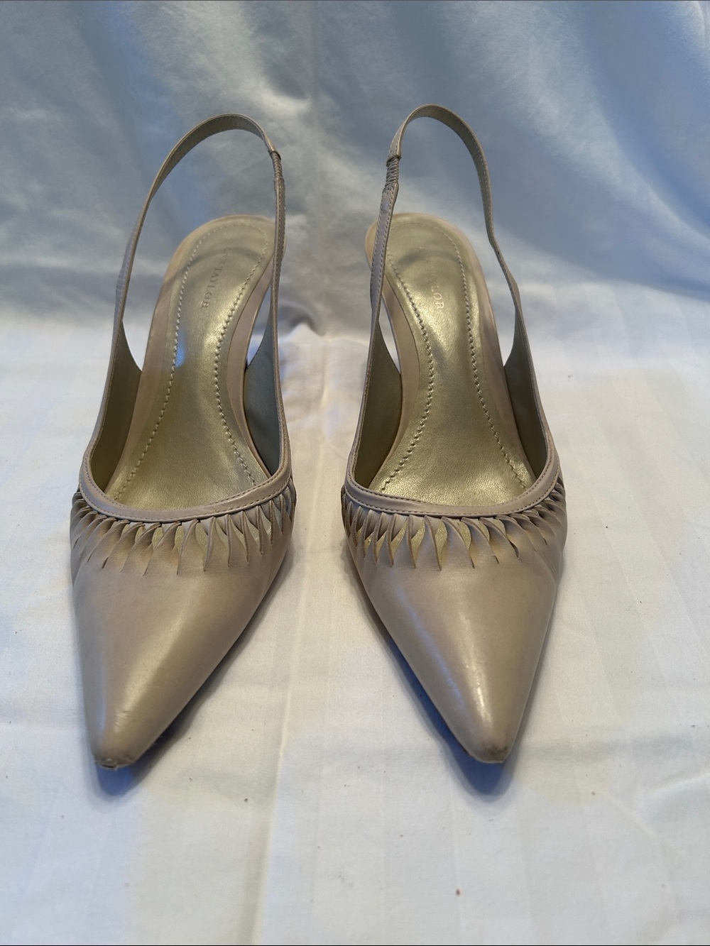 Ann Taylor Taupe Pointed-Toe Slingback Heels with Woven Trim
